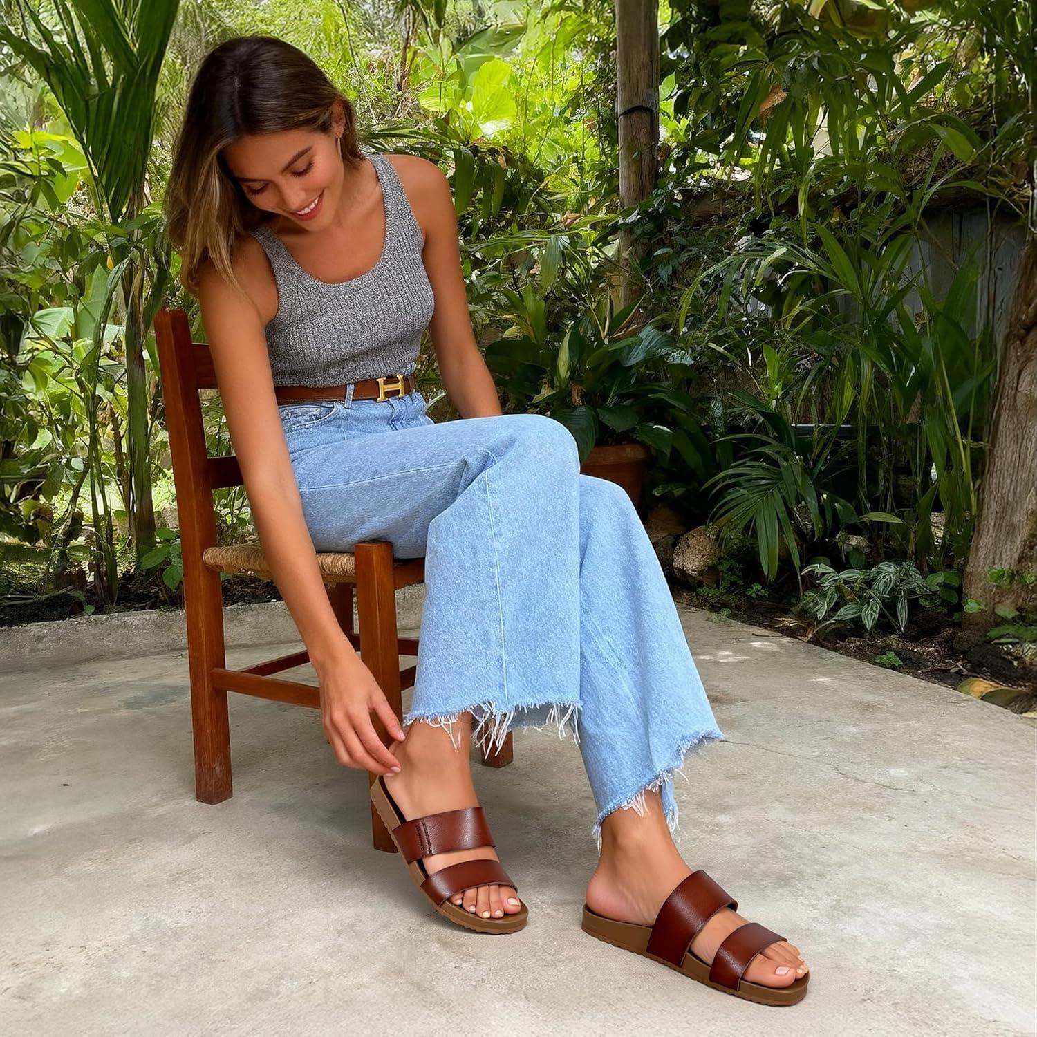 imageDREAM PAIRS Womens Open Toe Slides Sandals Comfortable Arch Support Footbed Two Strap Slipon Fashion Casual Beach Vacation Lightweight Flat Sandals Summer for WomenBrown