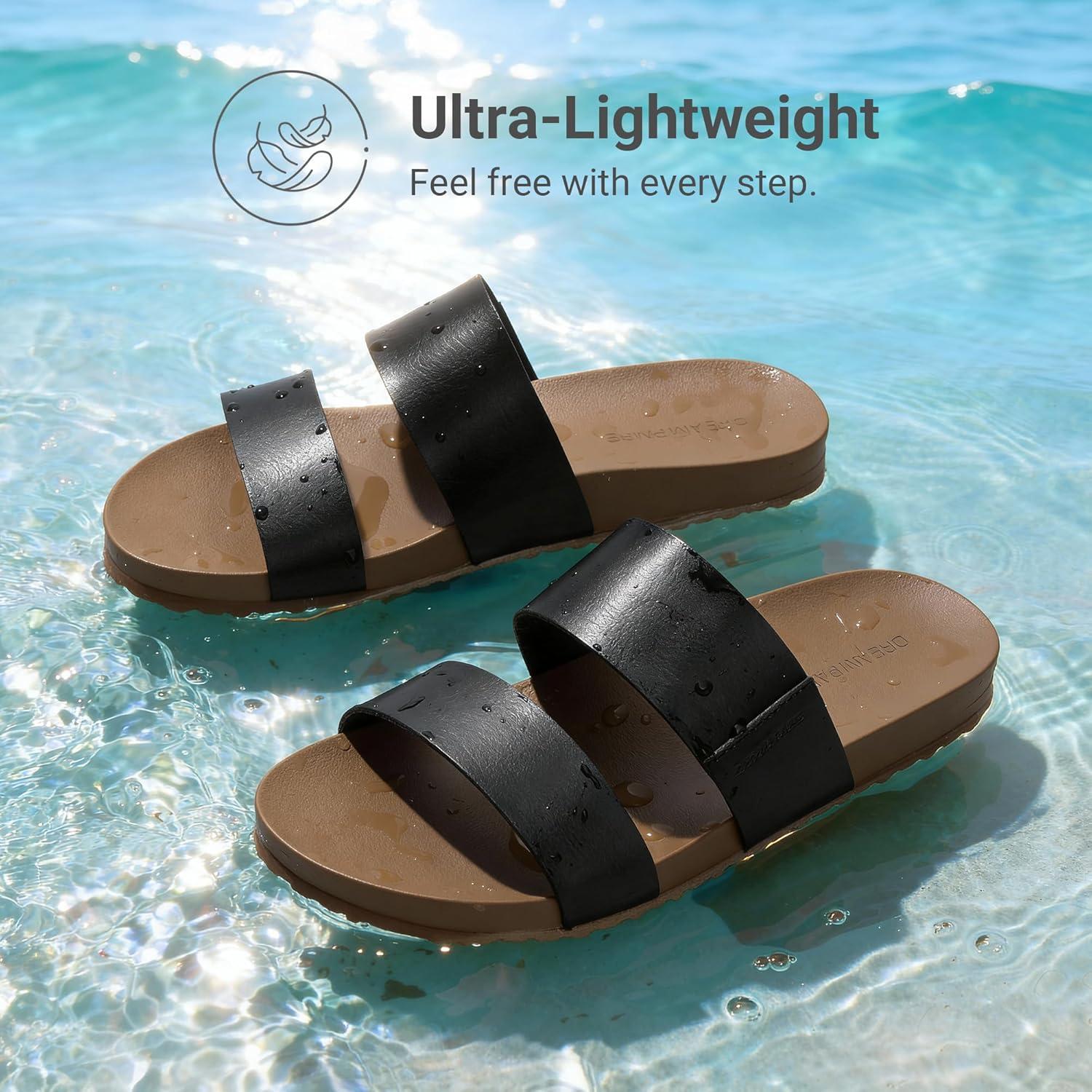 imageDREAM PAIRS Womens Open Toe Slides Sandals Comfortable Arch Support Footbed Two Strap Slipon Fashion Casual Beach Vacation Lightweight Flat Sandals Summer for WomenBlack