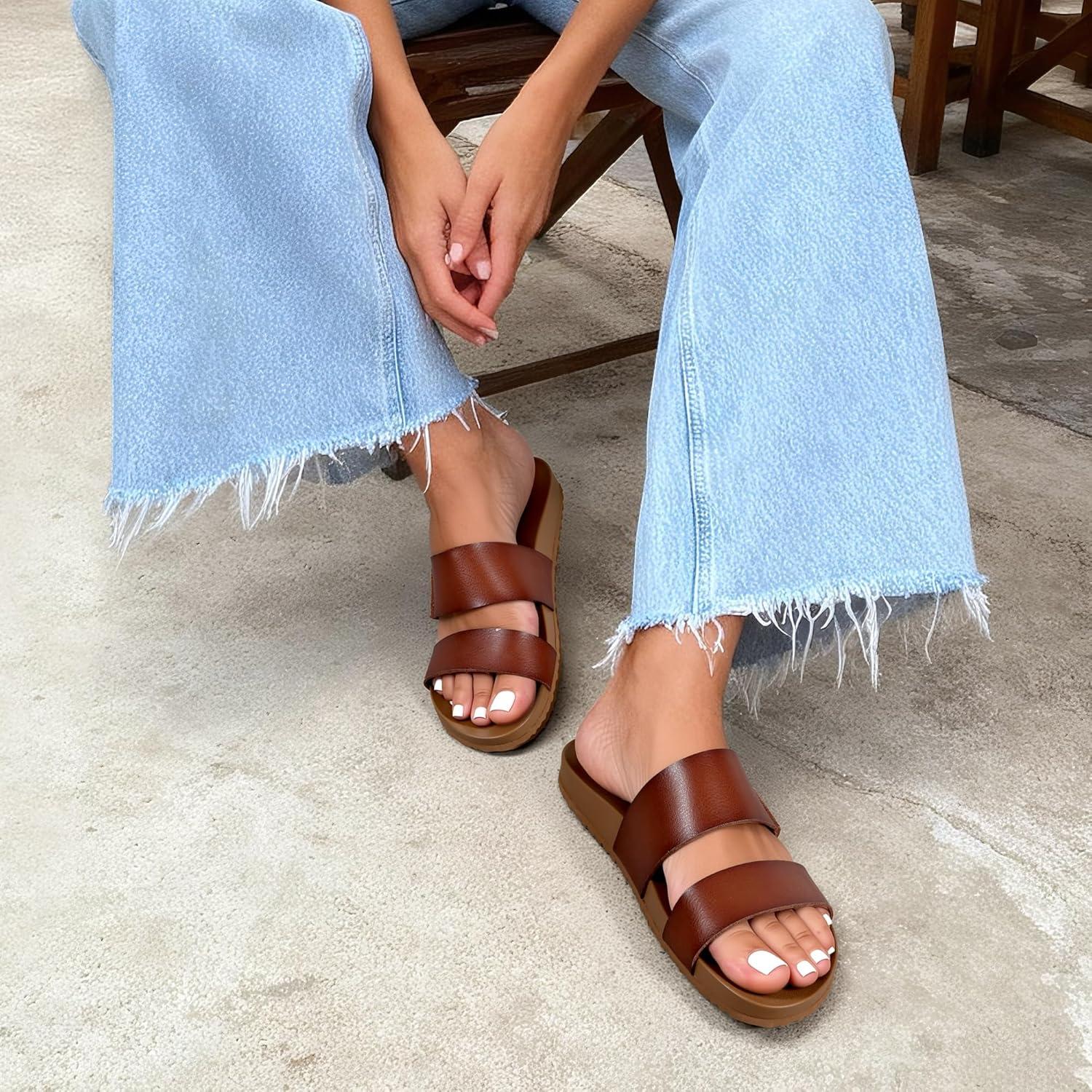 imageDREAM PAIRS Womens Open Toe Slides Sandals Comfortable Arch Support Footbed Two Strap Slipon Fashion Casual Beach Vacation Lightweight Flat Sandals Summer for WomenBrown