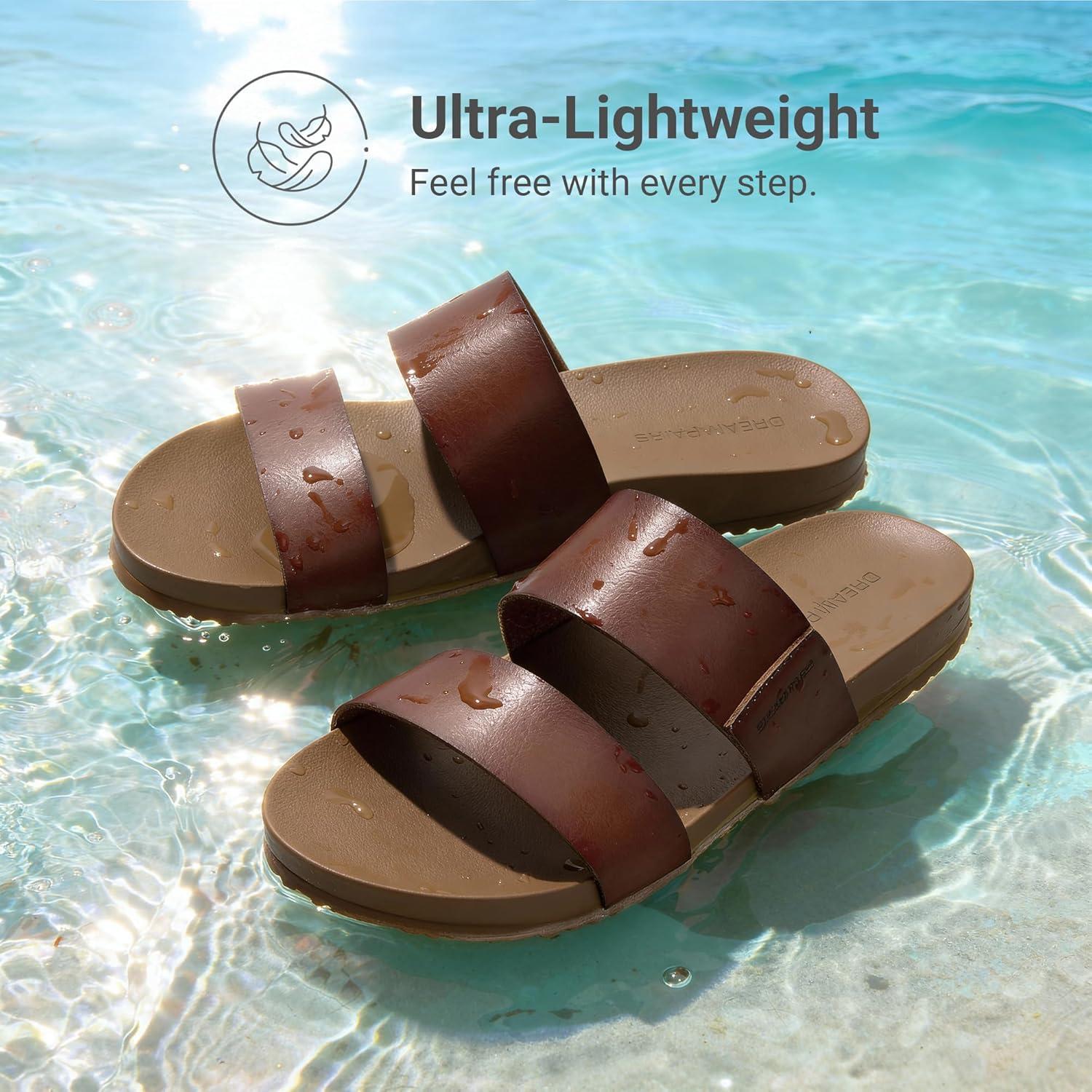 imageDREAM PAIRS Womens Open Toe Slides Sandals Comfortable Arch Support Footbed Two Strap Slipon Fashion Casual Beach Vacation Lightweight Flat Sandals Summer for WomenBrown