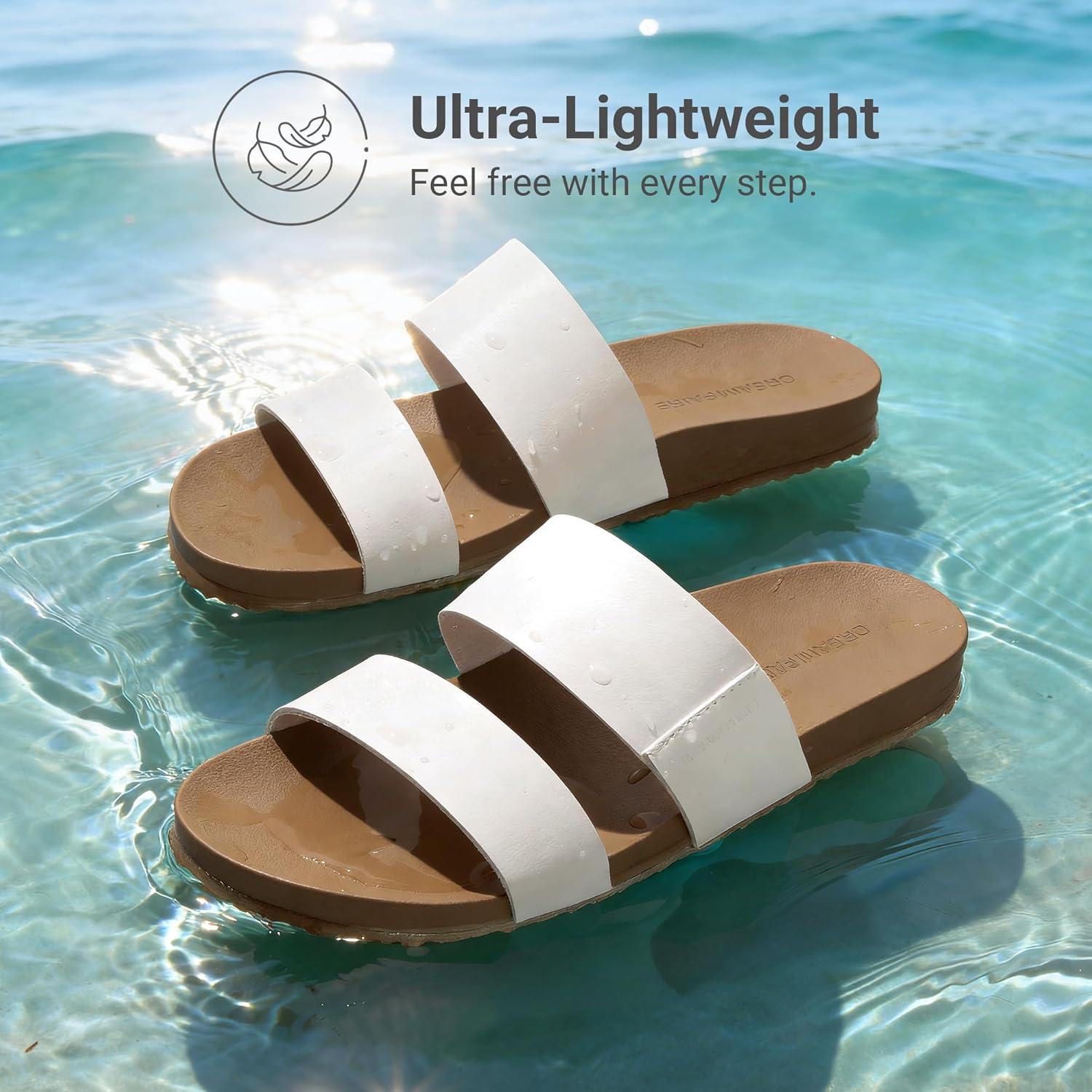imageDREAM PAIRS Womens Open Toe Slides Sandals Comfortable Arch Support Footbed Two Strap Slipon Fashion Casual Beach Vacation Lightweight Flat Sandals Summer for WomenWhite
