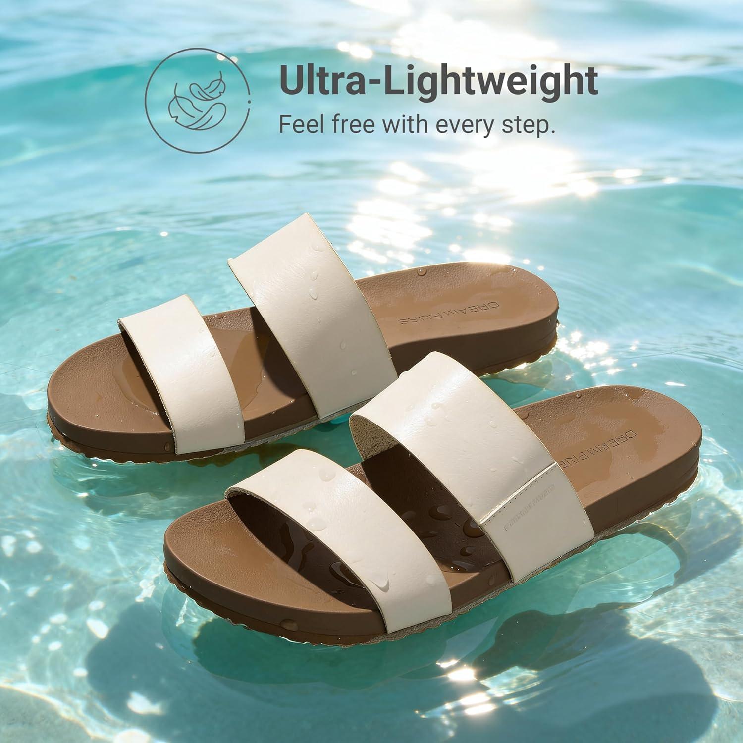 imageDREAM PAIRS Womens Open Toe Slides Sandals Comfortable Arch Support Footbed Two Strap Slipon Fashion Casual Beach Vacation Lightweight Flat Sandals Summer for WomenBeige