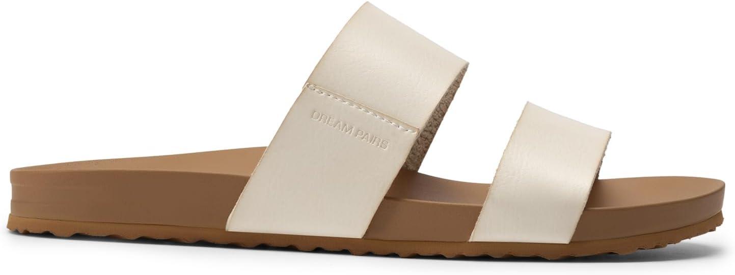 imageDREAM PAIRS Womens Open Toe Slides Sandals Comfortable Arch Support Footbed Two Strap Slipon Fashion Casual Beach Vacation Lightweight Flat Sandals Summer for WomenBeige