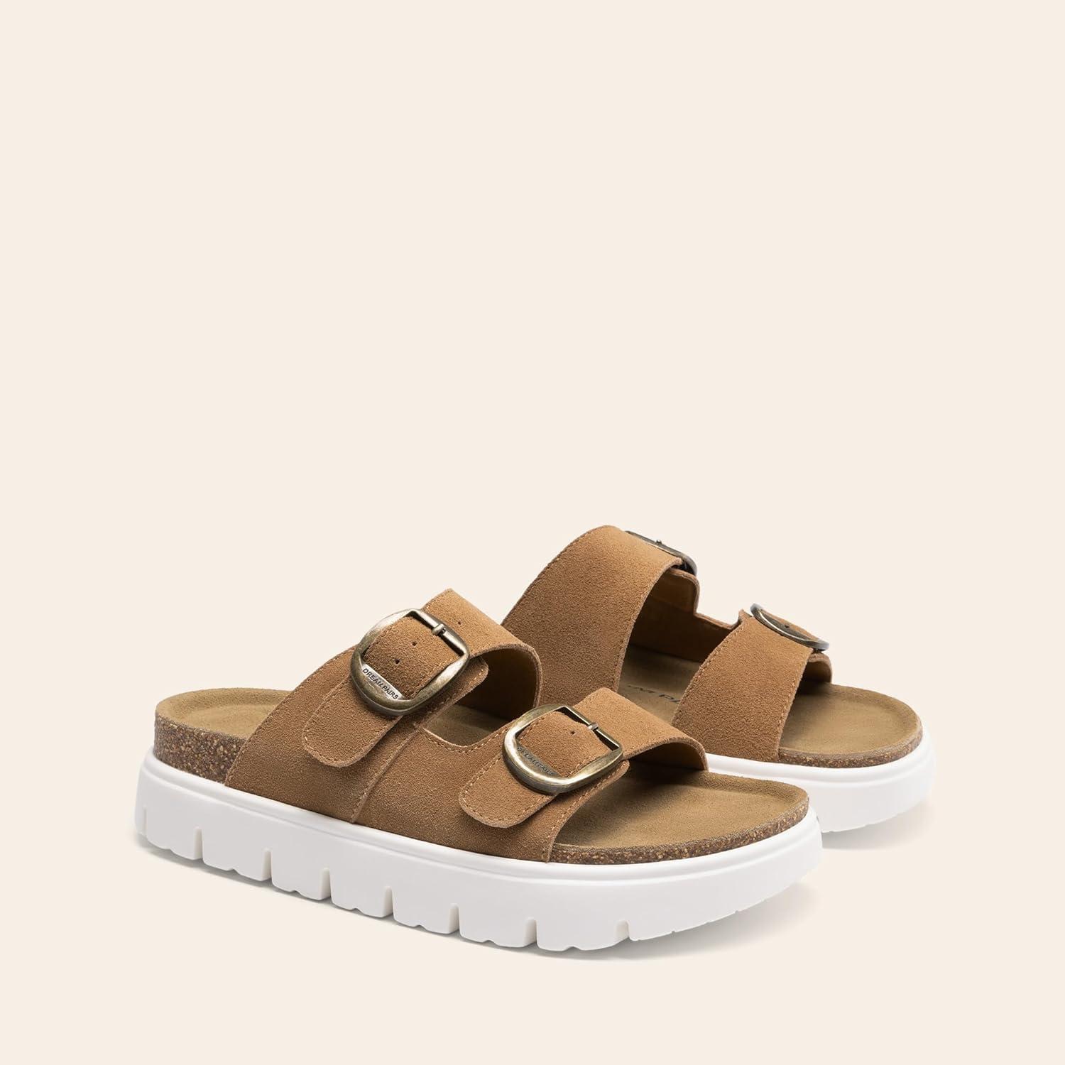 imageDREAM PAIRS Womens Platform Sandals Wedge Chunky Heel Slipon Comfort Slides with Arch Support Cork Footbed Adjustable Buckle Summer Slide SandalsBrown