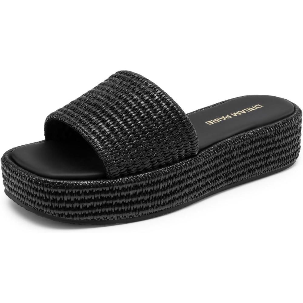imageDREAM PAIRS Women Platform Slides Sandals Espadrilles Slip On Low Wedge Summer Open Toe Bohemia Dressy Beach Vacation ShoesBlack