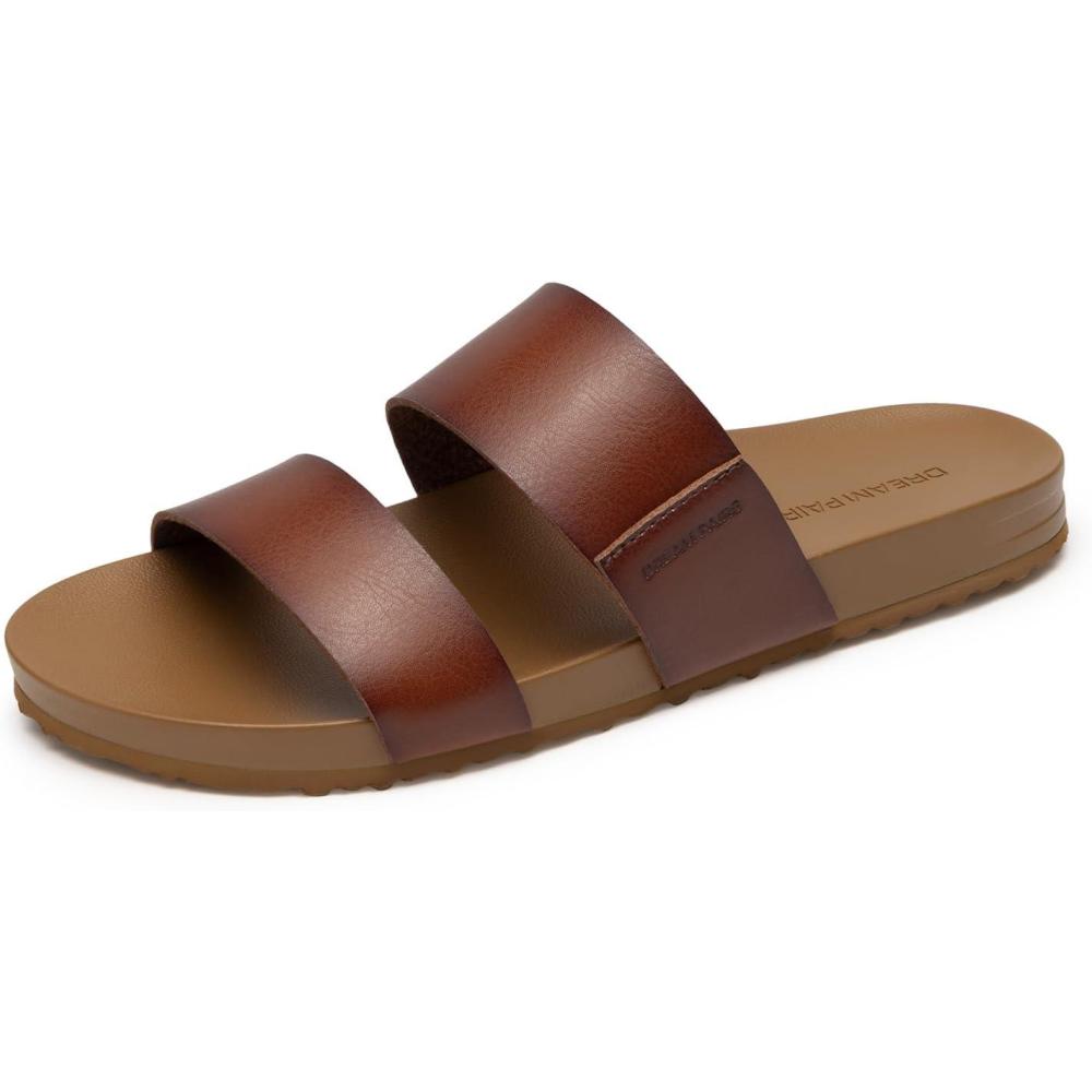 imageDREAM PAIRS Womens Open Toe Slides Sandals Comfortable Arch Support Footbed Two Strap Slipon Fashion Casual Beach Vacation Lightweight Flat Sandals Summer for WomenBrown