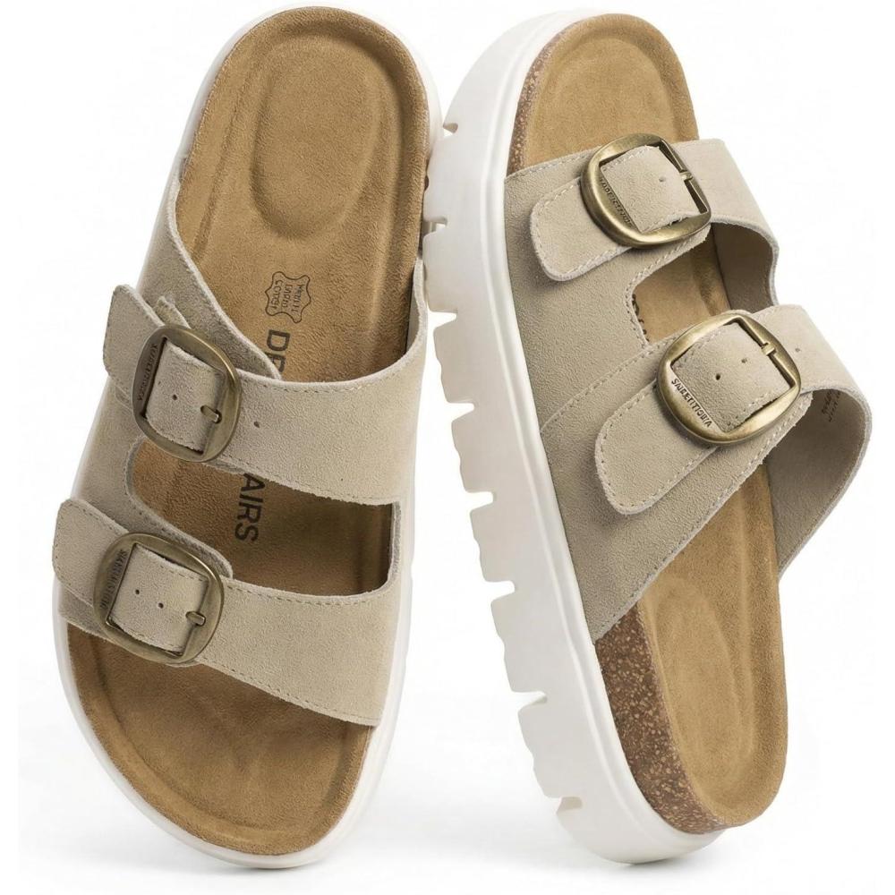imageDREAM PAIRS Womens Platform Sandals Wedge Chunky Heel Slipon Comfort Slides with Arch Support Cork Footbed Adjustable Buckle Summer Slide SandalsBeige