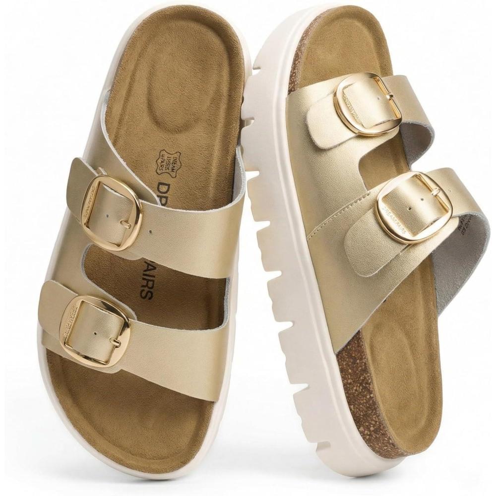 imageDREAM PAIRS Womens Platform Sandals Wedge Chunky Heel Slipon Comfort Slides with Arch Support Cork Footbed Adjustable Buckle Summer Slide SandalsGold