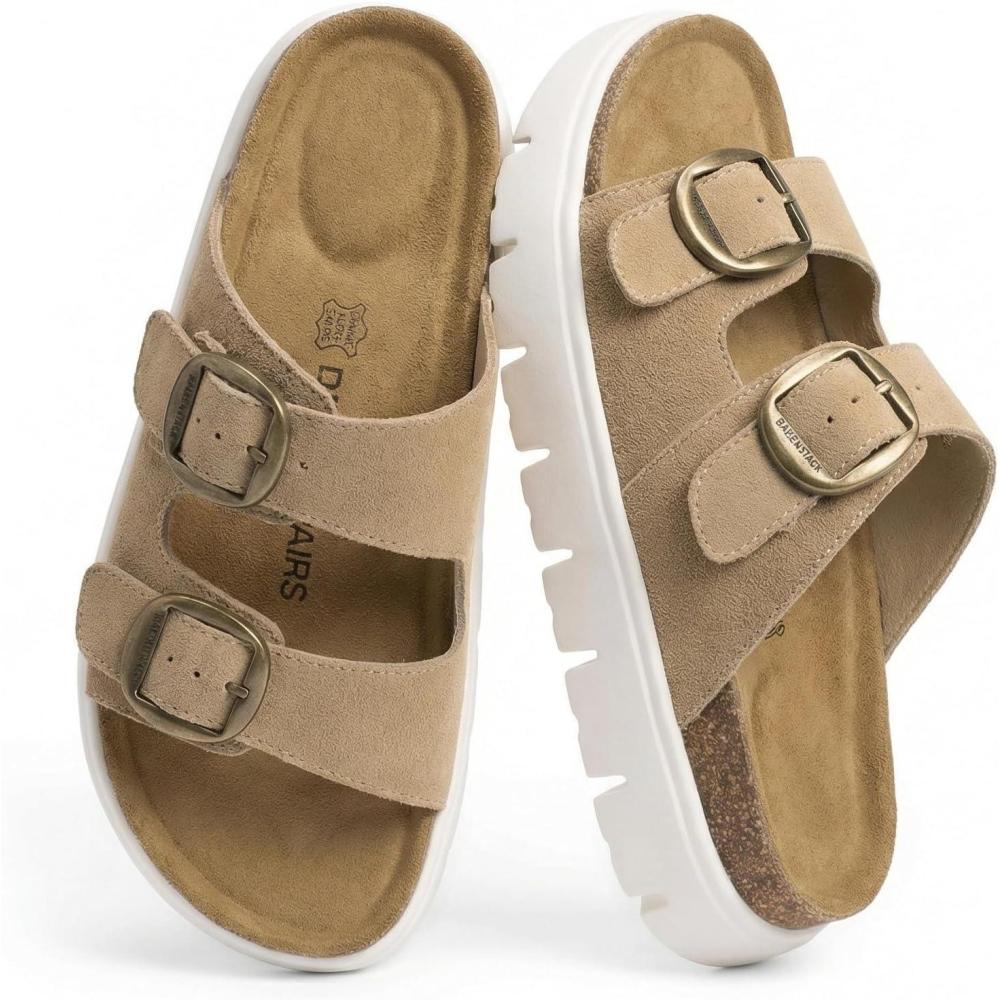 imageDREAM PAIRS Womens Platform Sandals Wedge Chunky Heel Slipon Comfort Slides with Arch Support Cork Footbed Adjustable Buckle Summer Slide SandalsTaupe