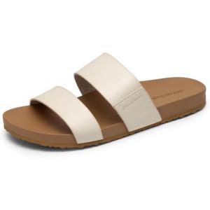 DREAM PAIRS Women’s Open Toe Slides Sandals Comfortable Arch Support Footbed Two Strap Slip-on Fashion Casual Beach Vacation Lightweight Flat Sandals Summer for Women(Beige)