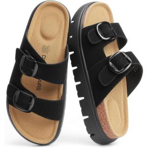DREAM PAIRS Women’s Platform Sandals Wedge Chunky Heel Slip-on Comfort Slides with Arch Support Cork Footbed Adjustable Buckle Summer Slide Sandals(Black)