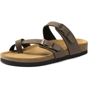 DREAM PAIRS Women’s Thong Slide Sandals with Cork Footbed Open Toe Adjustable Slip On Slippers Comfort Flat Sandals for Summer(Dark Brown)