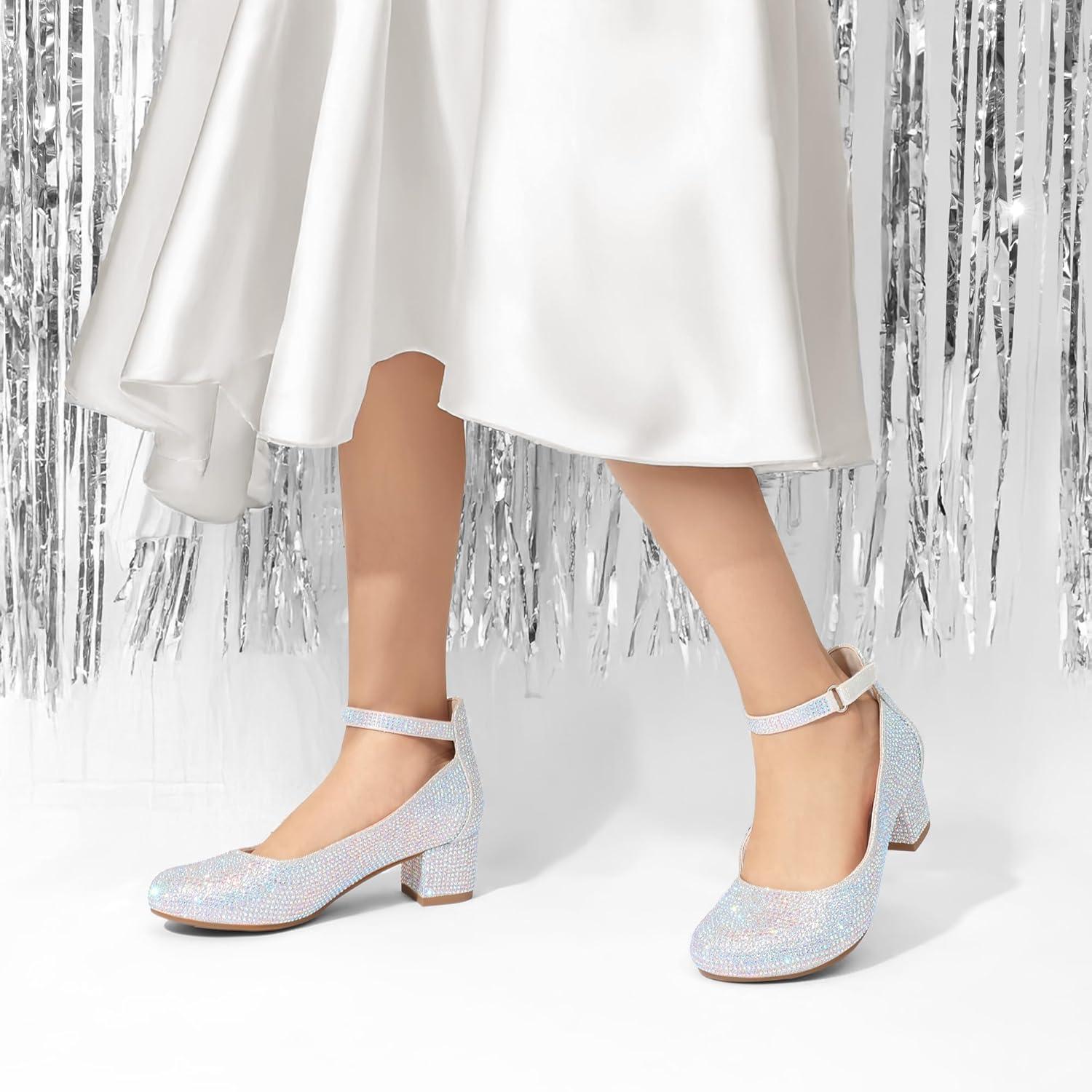 imageDREAM PAIRS Girls Dress Shoes Chunky High Heels Ankle Strap Party Wedding Princess Pump for Little Big KidSilver