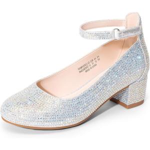 DREAM PAIRS Girls Dress Shoes Chunky High Heels Ankle Strap Party Wedding Princess Pump for Little Big Kid(Silver)