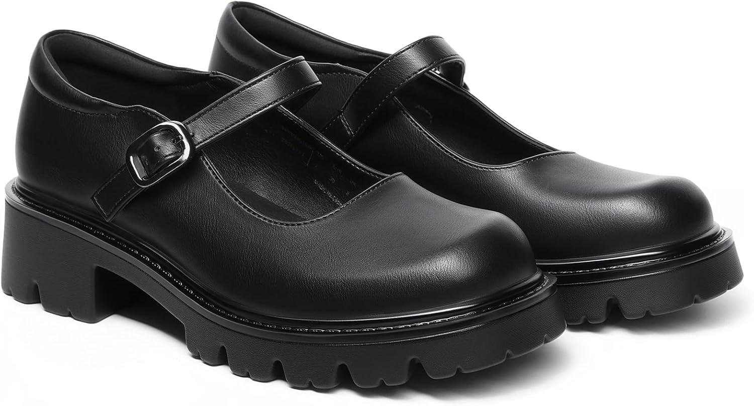 imageDREAM PAIRS Mary Jane Platform Shoes for Women Closed Toe Chunky Block Heel Cute Dress ShoesBlackpu