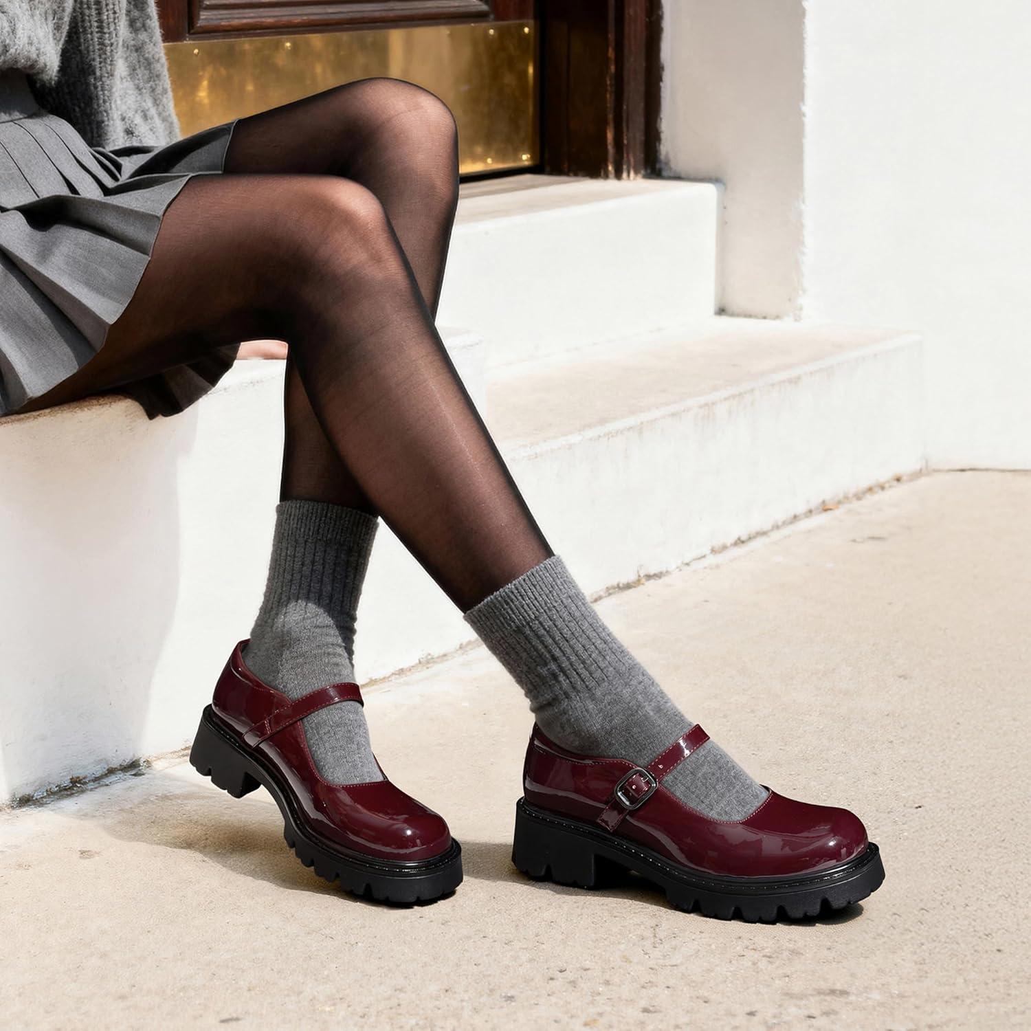 imageDREAM PAIRS Mary Jane Platform Shoes for Women Closed Toe Chunky Block Heel Cute Dress ShoesBurgundy