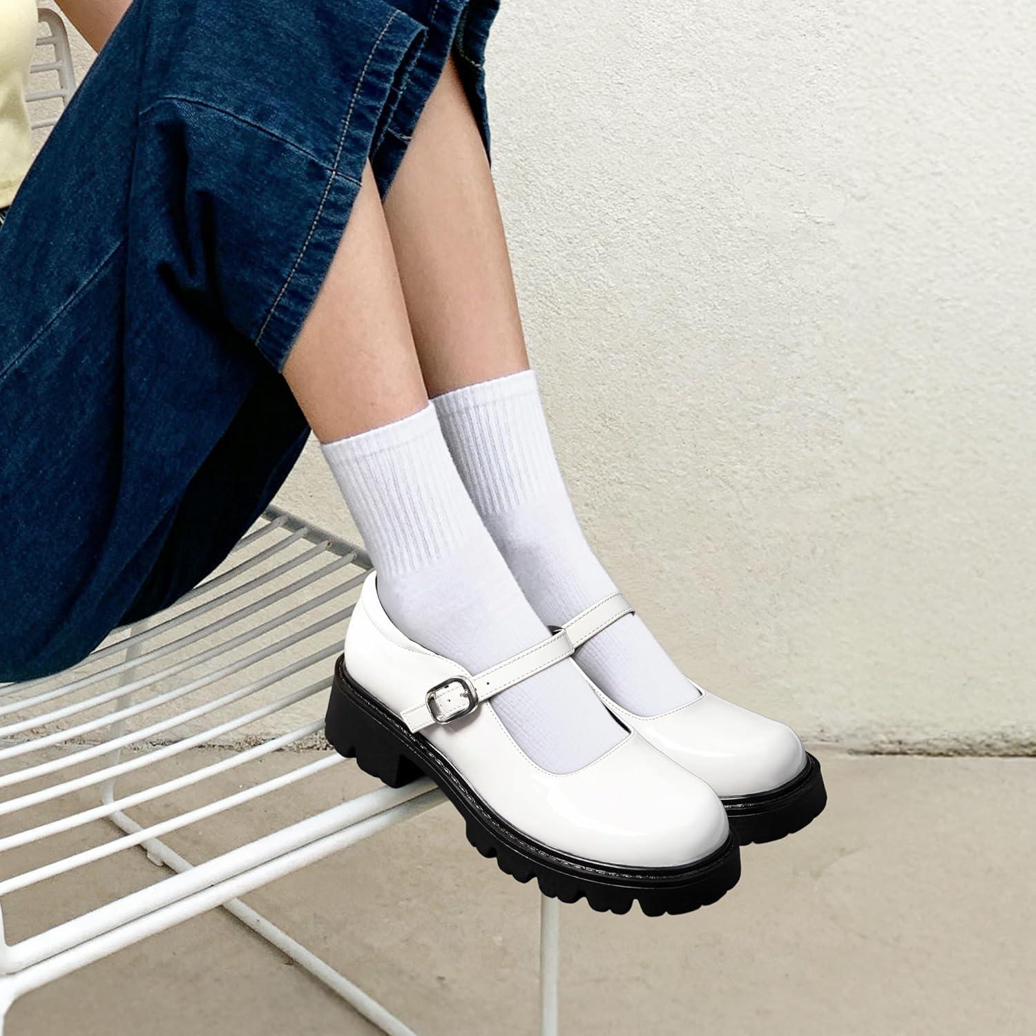 imageDREAM PAIRS Mary Jane Platform Shoes for Women Closed Toe Chunky Block Heel Cute Dress ShoesWhite