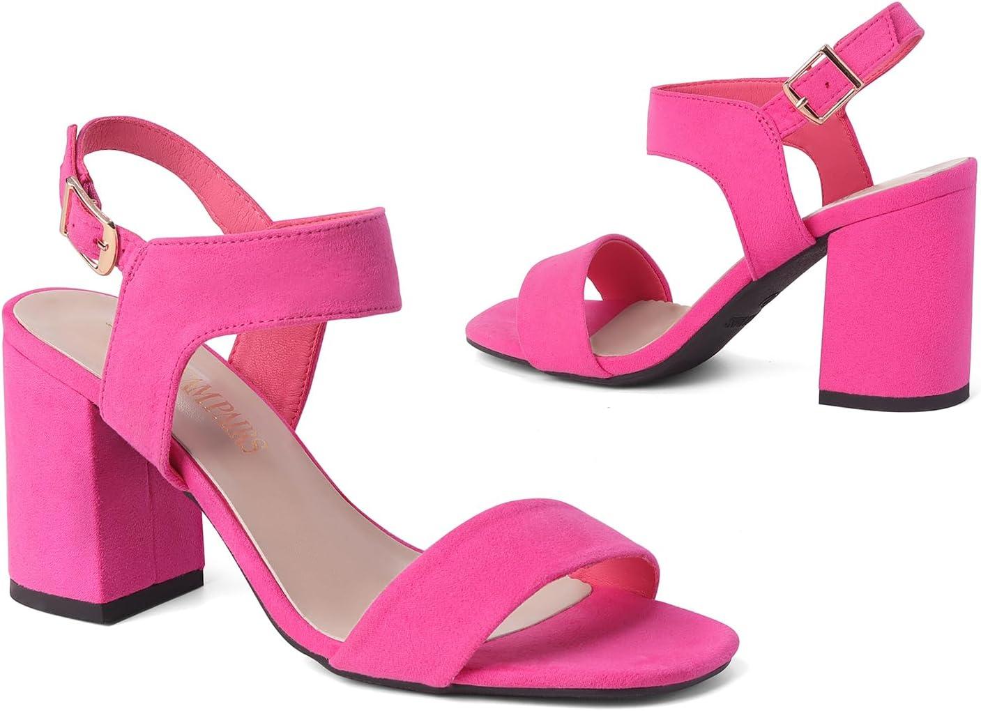 imageDREAM PAIRS Womens High Chunky Heels Square Toe Block Ankle Strap 3 inch Comfortable Heeled Sandals For Formal Wedding Party DressHot Pinksuede