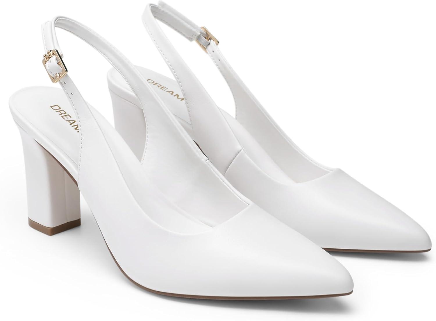 imageDREAM PAIRS Womens Slingback Heels Chunky Block Heels Pointed Toe Closed Toe Pumps Comfortable Work Office Business ShoesWhite