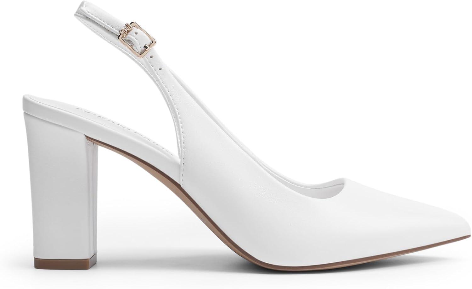 imageDREAM PAIRS Womens Slingback Heels Chunky Block Heels Pointed Toe Closed Toe Pumps Comfortable Work Office Business ShoesWhite