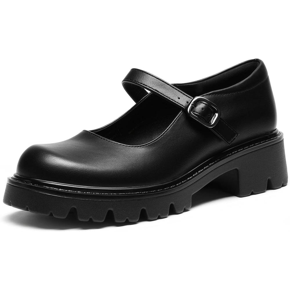 imageDREAM PAIRS Mary Jane Platform Shoes for Women Closed Toe Chunky Block Heel Cute Dress ShoesBlackpu