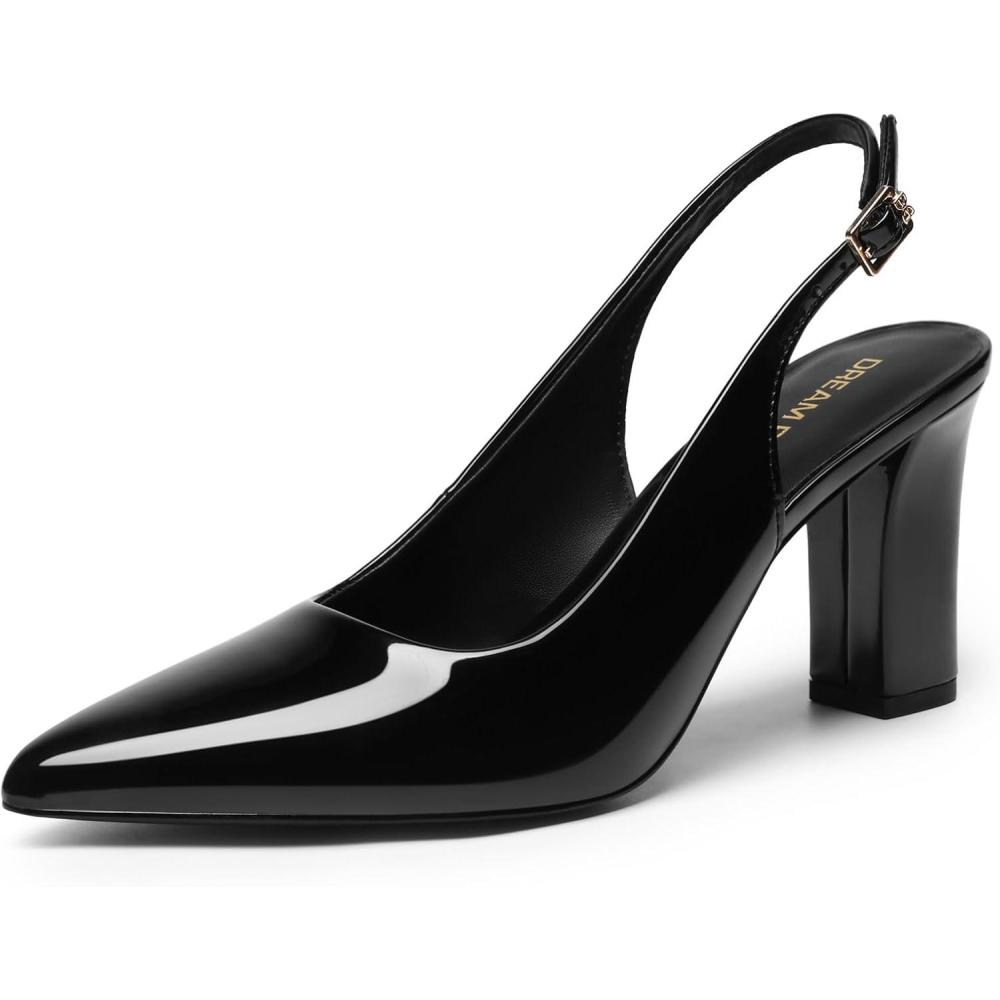 imageDREAM PAIRS Womens Slingback Heels Chunky Block Heels Pointed Toe Closed Toe Pumps Comfortable Work Office Business ShoesBlackpat