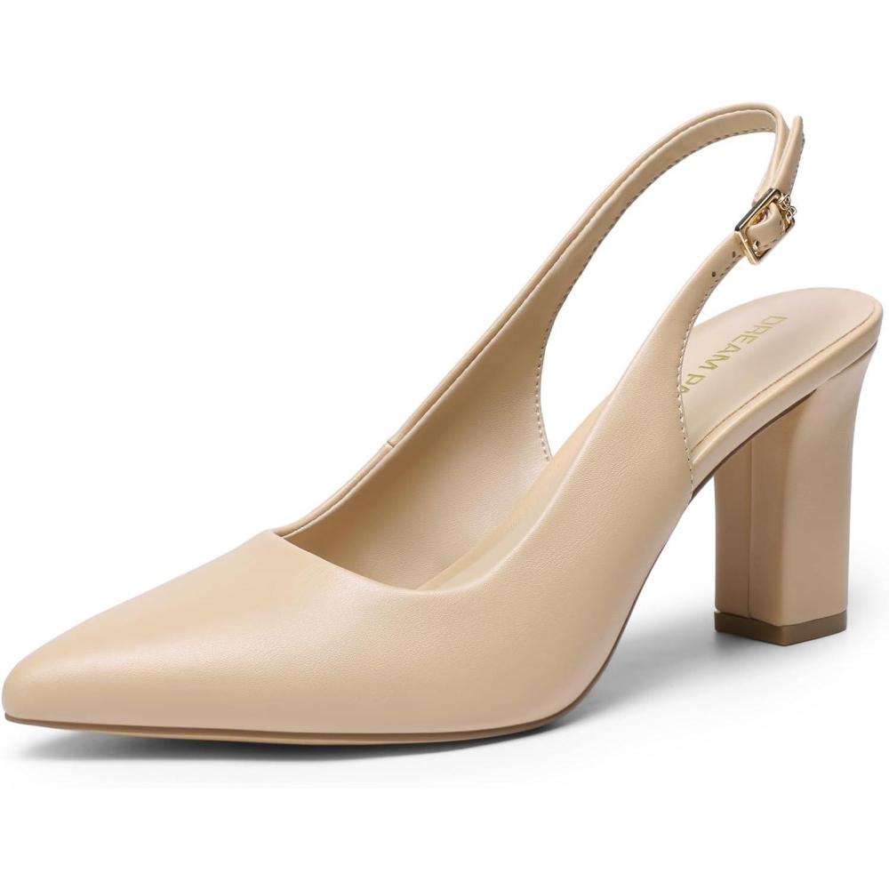 imageDREAM PAIRS Womens Slingback Heels Chunky Block Heels Pointed Toe Closed Toe Pumps Comfortable Work Office Business ShoesNude