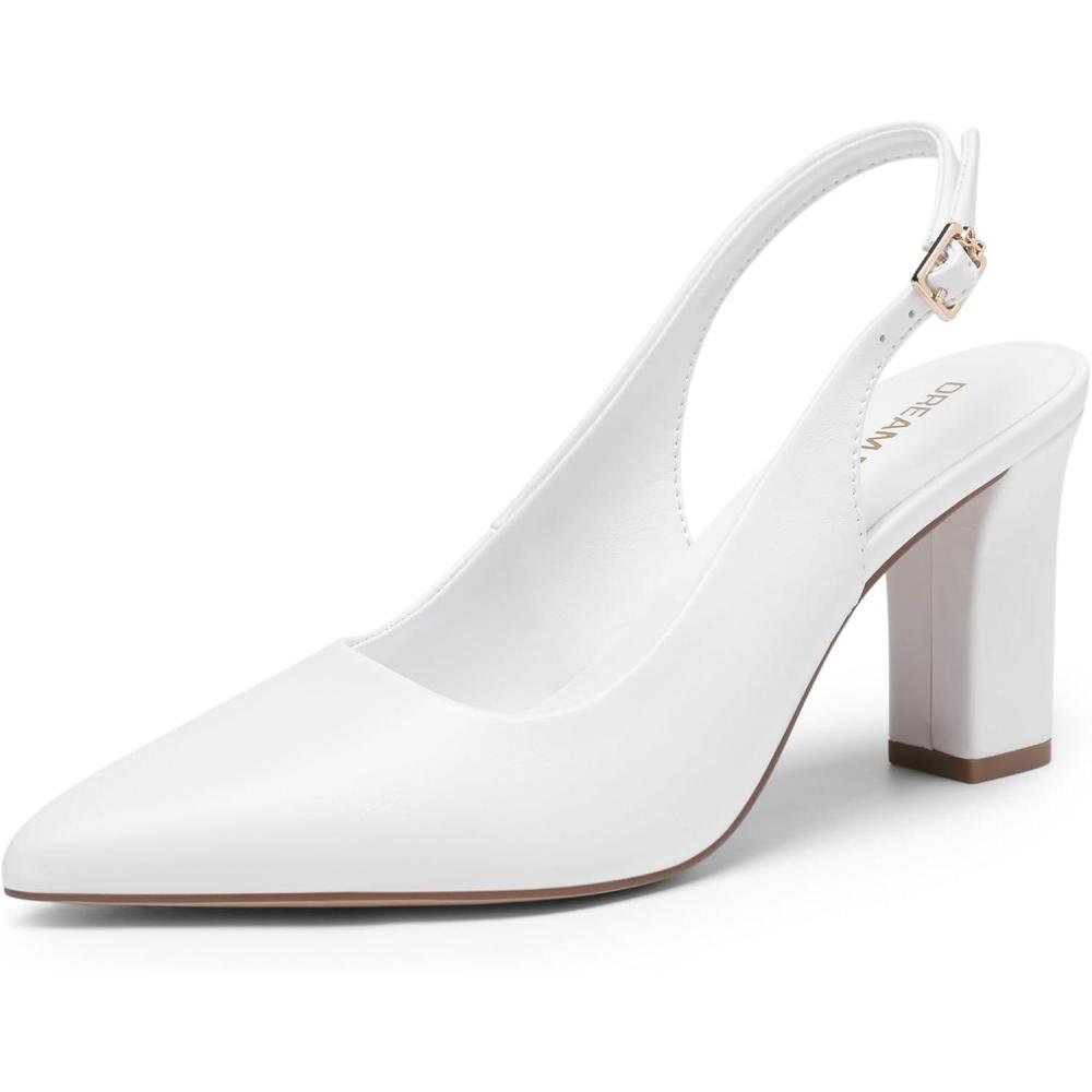 imageDREAM PAIRS Womens Slingback Heels Chunky Block Heels Pointed Toe Closed Toe Pumps Comfortable Work Office Business ShoesWhite