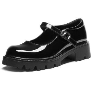 DREAM PAIRS Mary Jane Platform Shoes for Women Closed Toe Chunky Block Heel Cute Dress Shoes(Black-pat)