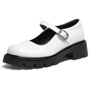 DREAM PAIRS Mary Jane Platform Shoes for Women Closed Toe Chunky Block Heel Cute Dress Shoes(White)