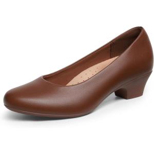 DREAM PAIRS Women’s Chunky Closed Toe Dress Low Block Heels Comfortable Slip On Work Pumps Wedding Casual Shoes(Brown)
