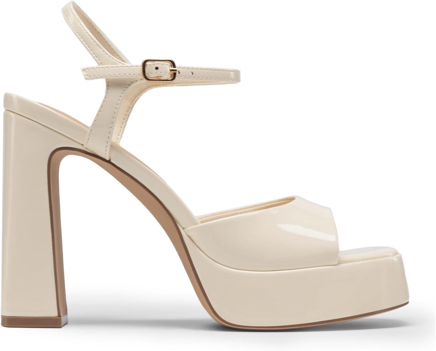 imageDREAM PAIRS Platform Heels for Women Square Toe Chunky High Heels Ankle Strap Sandals for Wedding Party Formal EventBeige