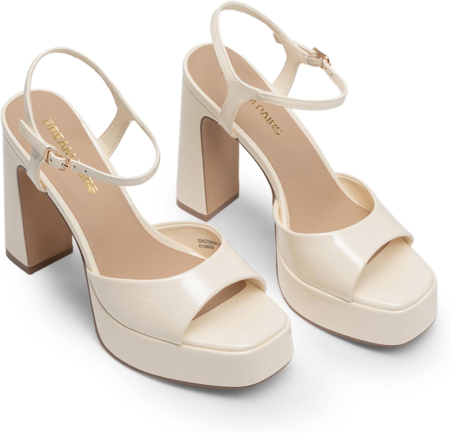 imageDREAM PAIRS Platform Heels for Women Square Toe Chunky High Heels Ankle Strap Sandals for Wedding Party Formal EventBeige