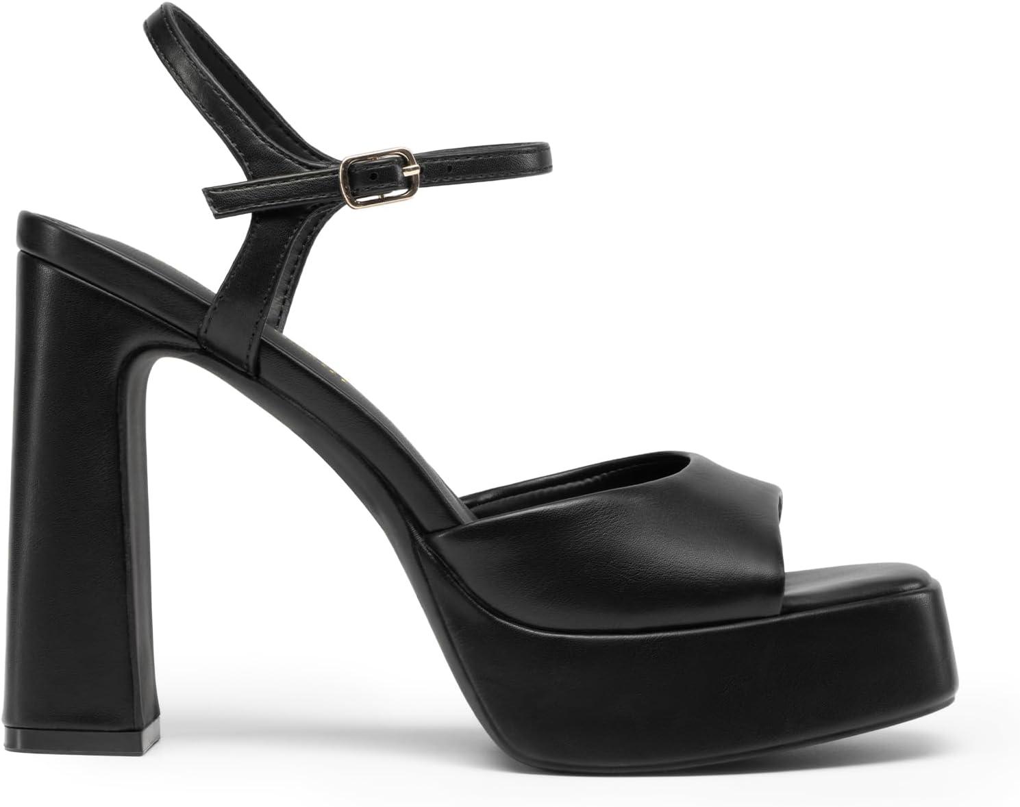 imageDREAM PAIRS Platform Heels for Women Square Toe Chunky High Heels Ankle Strap Sandals for Wedding Party Formal EventBlack