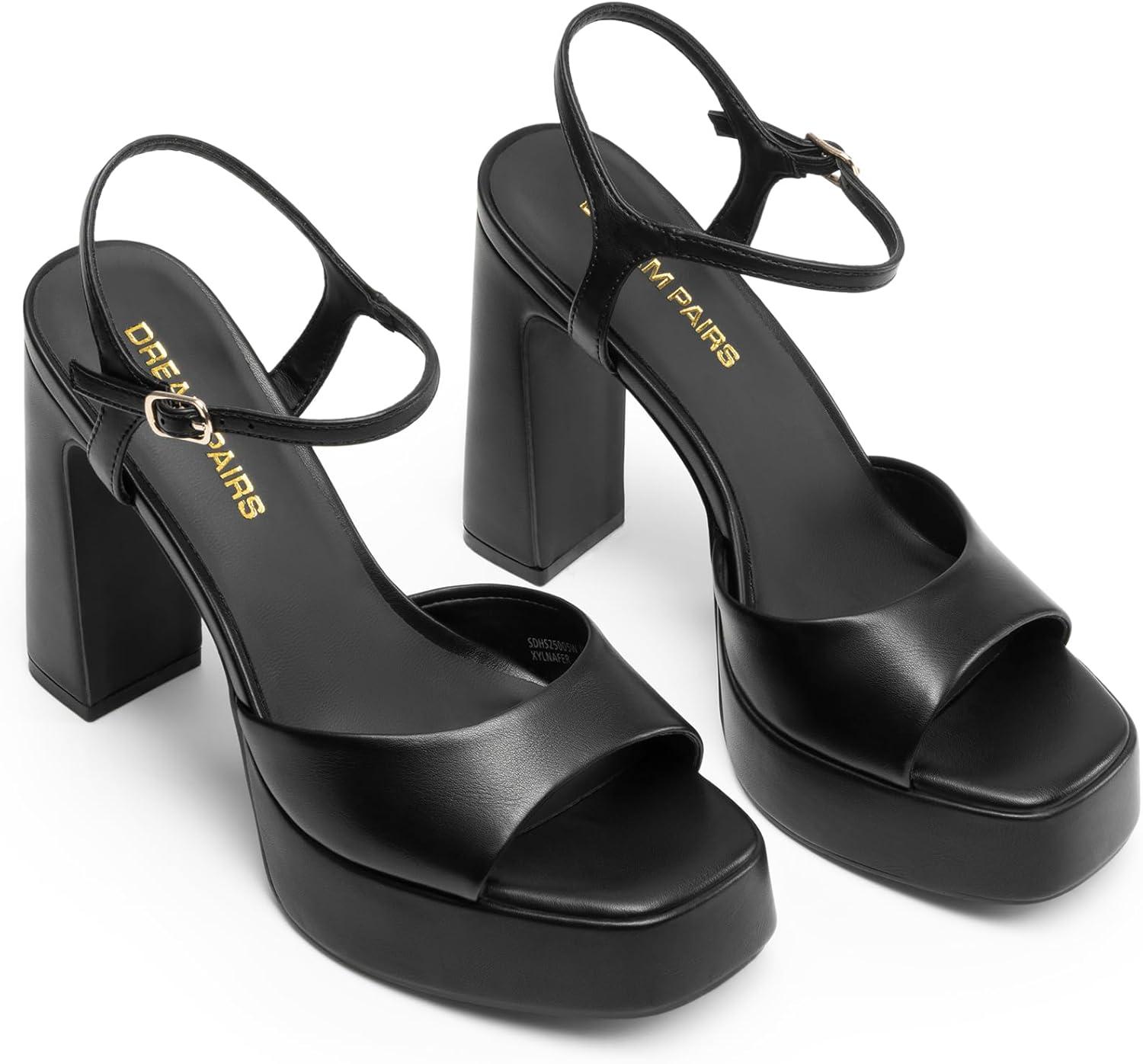 imageDREAM PAIRS Platform Heels for Women Square Toe Chunky High Heels Ankle Strap Sandals for Wedding Party Formal EventBlack