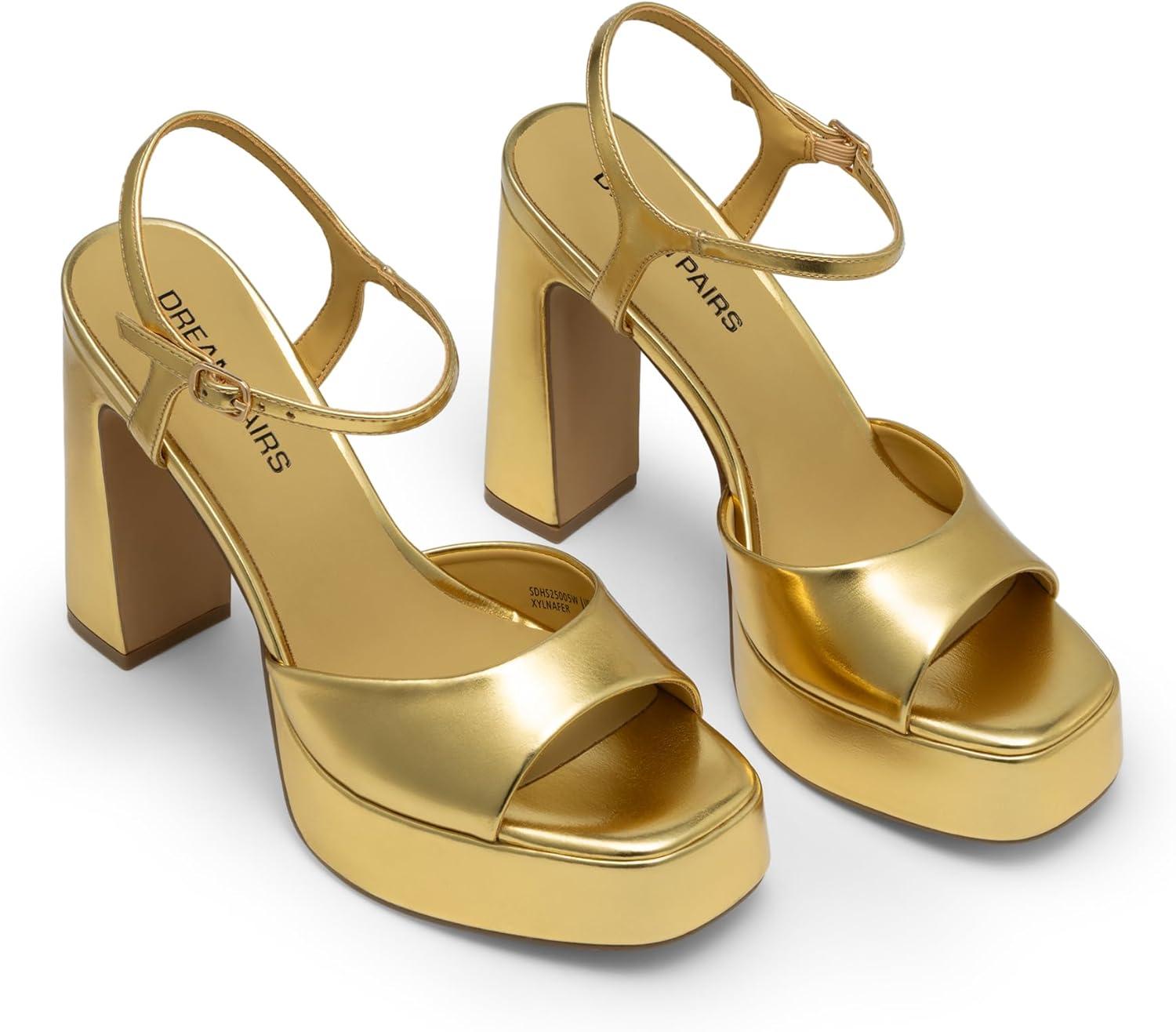imageDREAM PAIRS Platform Heels for Women Square Toe Chunky High Heels Ankle Strap Sandals for Wedding Party Formal EventGold