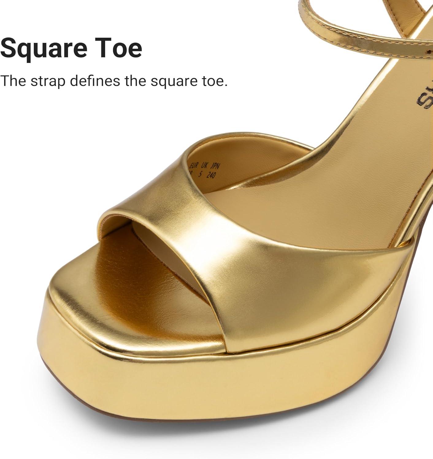 imageDREAM PAIRS Platform Heels for Women Square Toe Chunky High Heels Ankle Strap Sandals for Wedding Party Formal EventGold