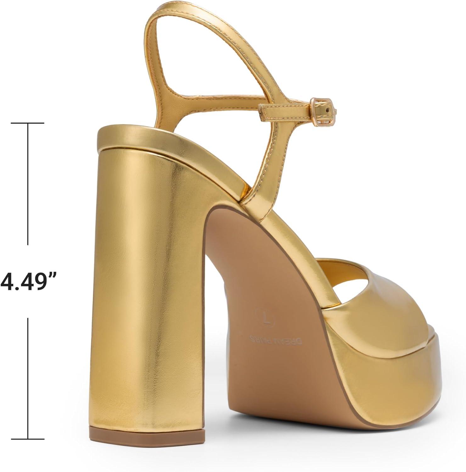 imageDREAM PAIRS Platform Heels for Women Square Toe Chunky High Heels Ankle Strap Sandals for Wedding Party Formal EventGold