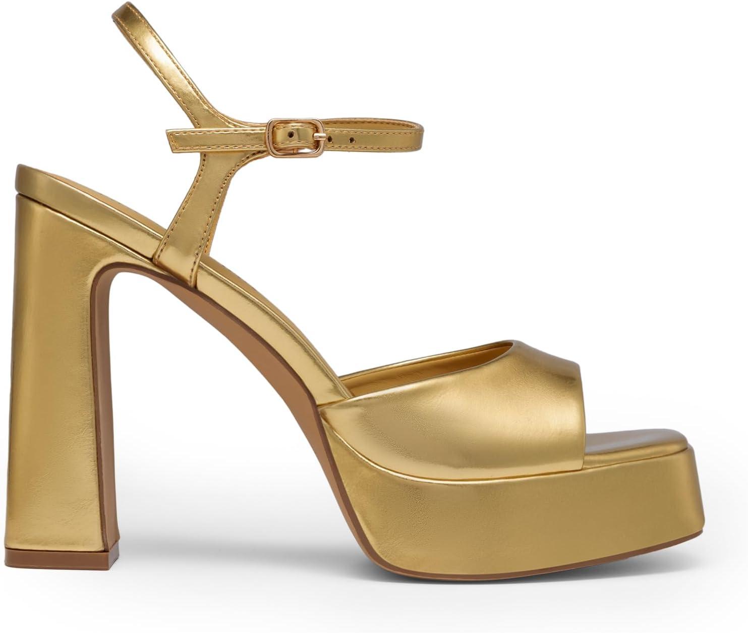 imageDREAM PAIRS Platform Heels for Women Square Toe Chunky High Heels Ankle Strap Sandals for Wedding Party Formal EventGold