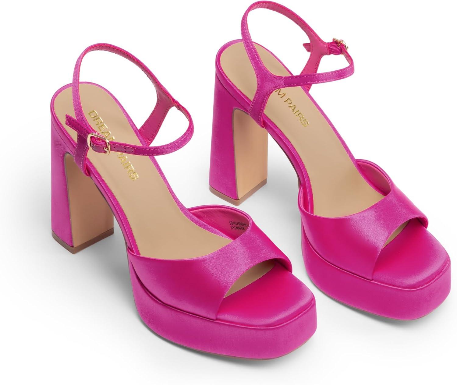 imageDREAM PAIRS Platform Heels for Women Square Toe Chunky High Heels Ankle Strap Sandals for Wedding Party Formal EventHot Pink