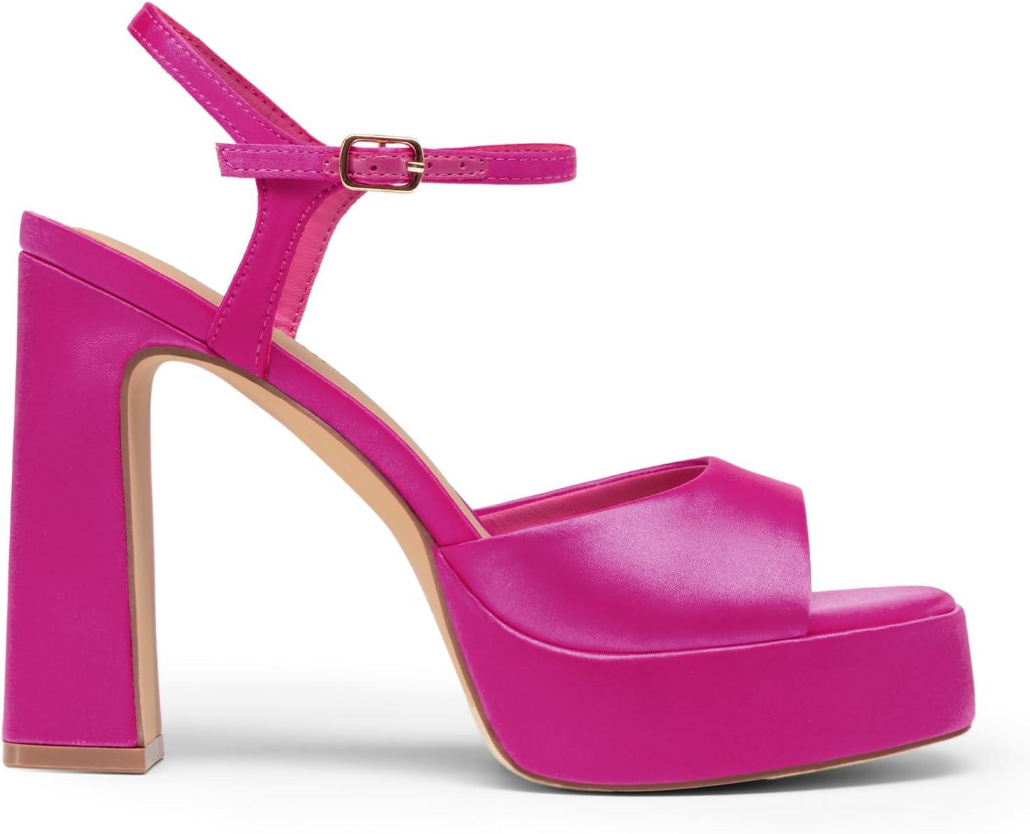 imageDREAM PAIRS Platform Heels for Women Square Toe Chunky High Heels Ankle Strap Sandals for Wedding Party Formal EventHot Pink