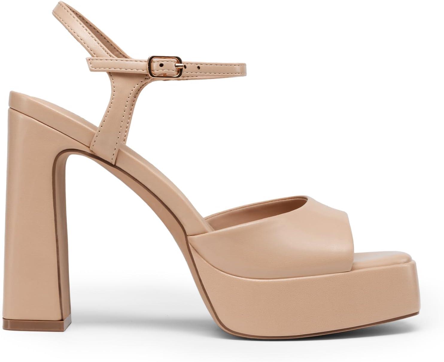 imageDREAM PAIRS Platform Heels for Women Square Toe Chunky High Heels Ankle Strap Sandals for Wedding Party Formal EventNude