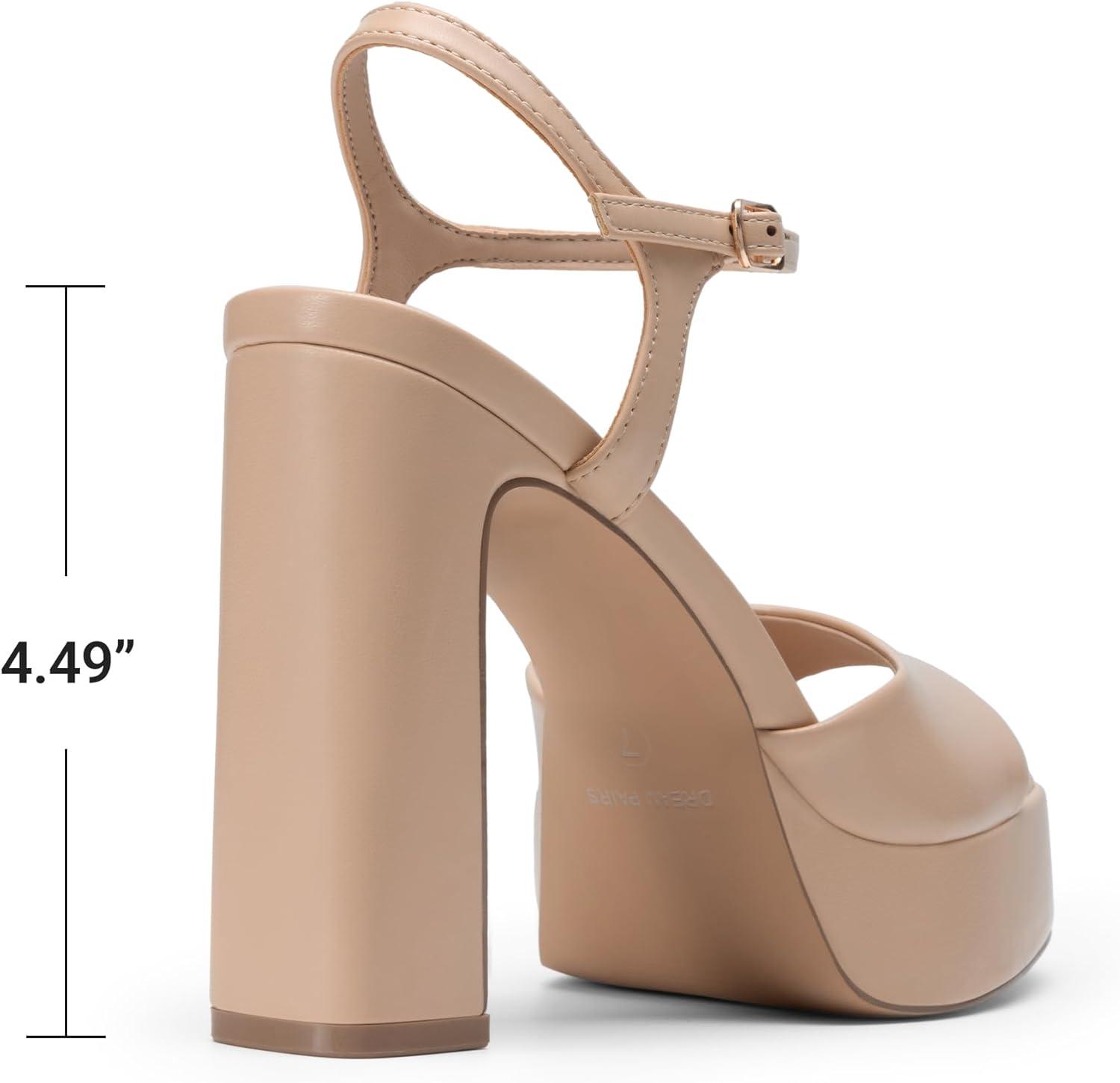 imageDREAM PAIRS Platform Heels for Women Square Toe Chunky High Heels Ankle Strap Sandals for Wedding Party Formal EventNude