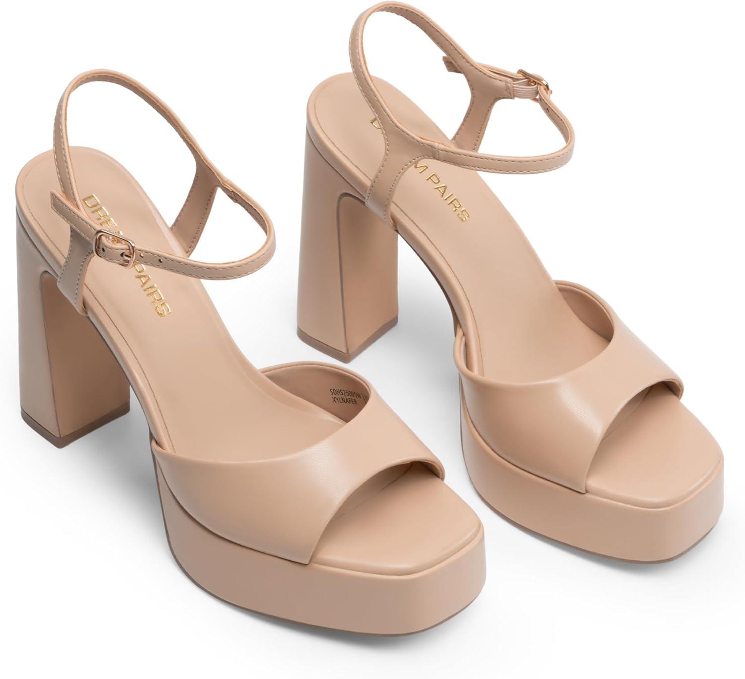 imageDREAM PAIRS Platform Heels for Women Square Toe Chunky High Heels Ankle Strap Sandals for Wedding Party Formal EventNude