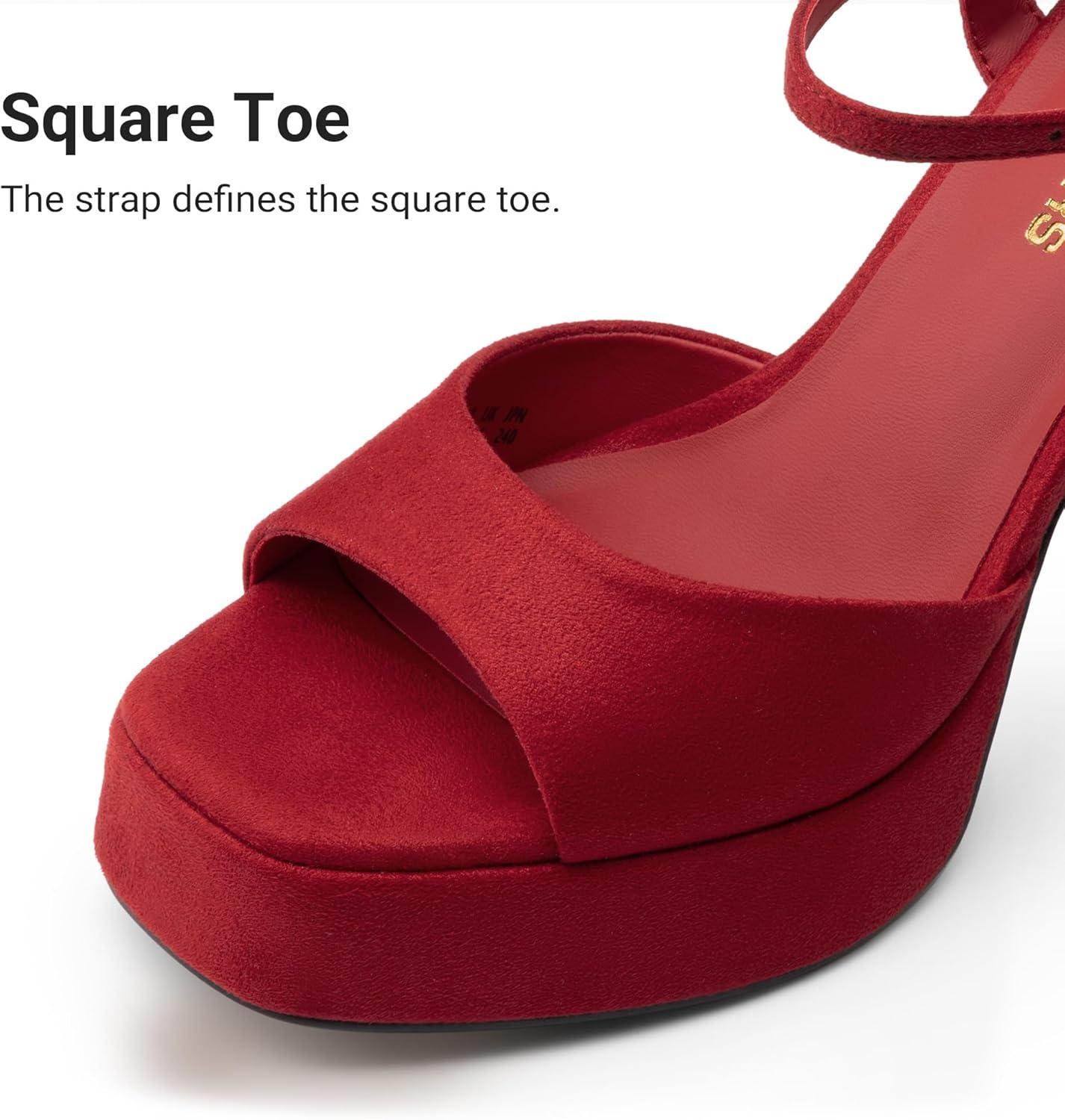 imageDREAM PAIRS Platform Heels for Women Square Toe Chunky High Heels Ankle Strap Sandals for Wedding Party Formal EventRed