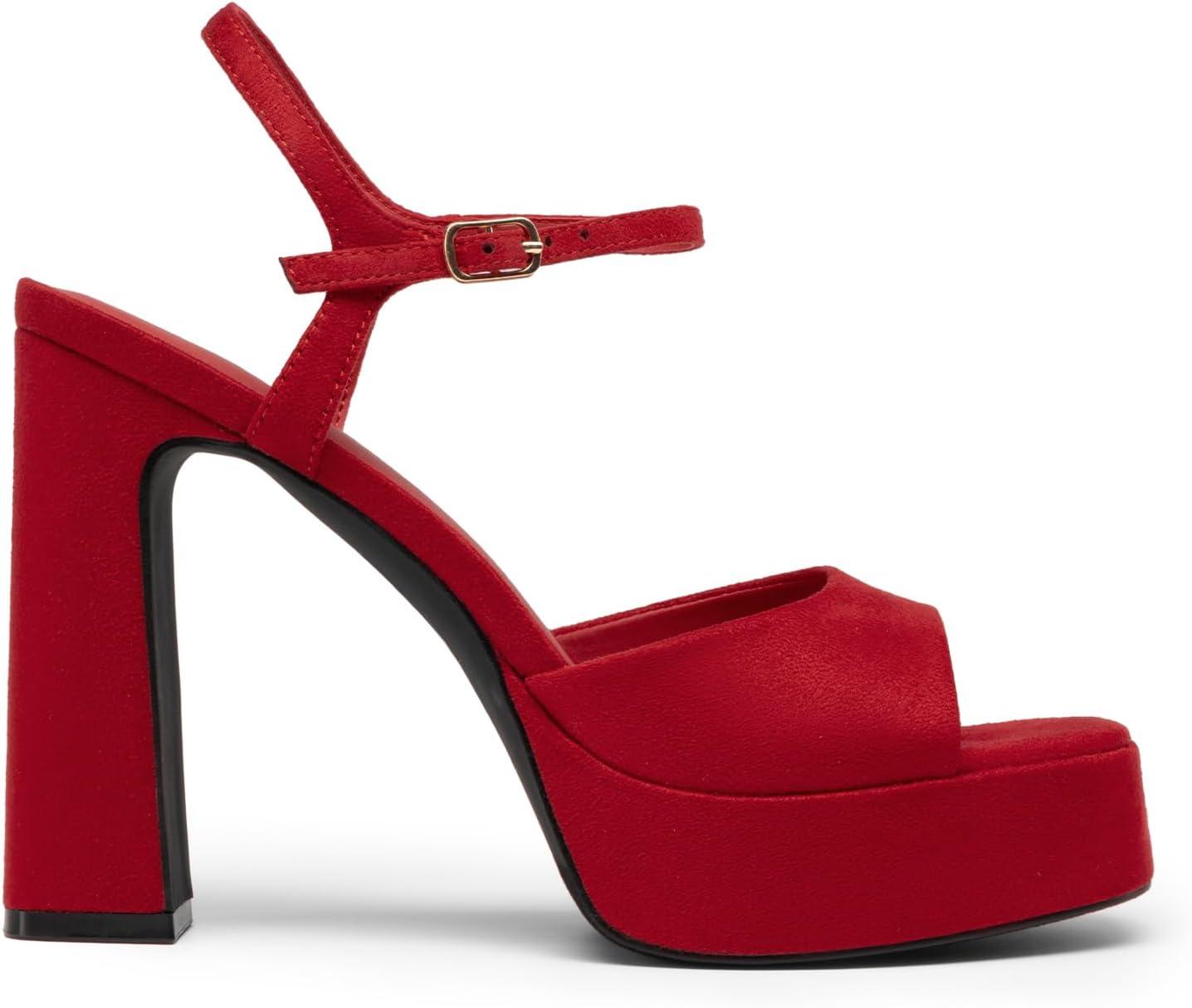 imageDREAM PAIRS Platform Heels for Women Square Toe Chunky High Heels Ankle Strap Sandals for Wedding Party Formal EventRed
