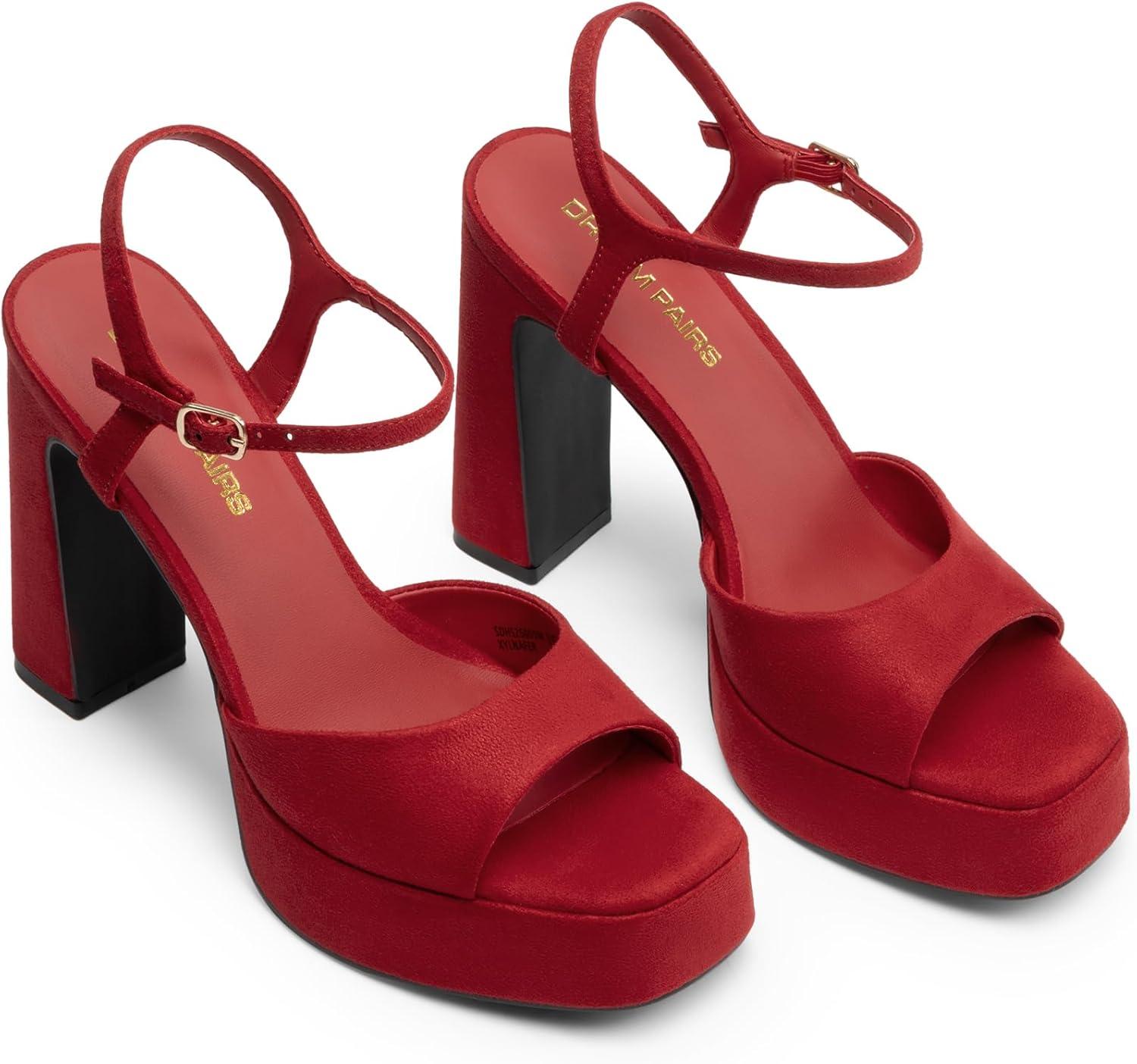 imageDREAM PAIRS Platform Heels for Women Square Toe Chunky High Heels Ankle Strap Sandals for Wedding Party Formal EventRed