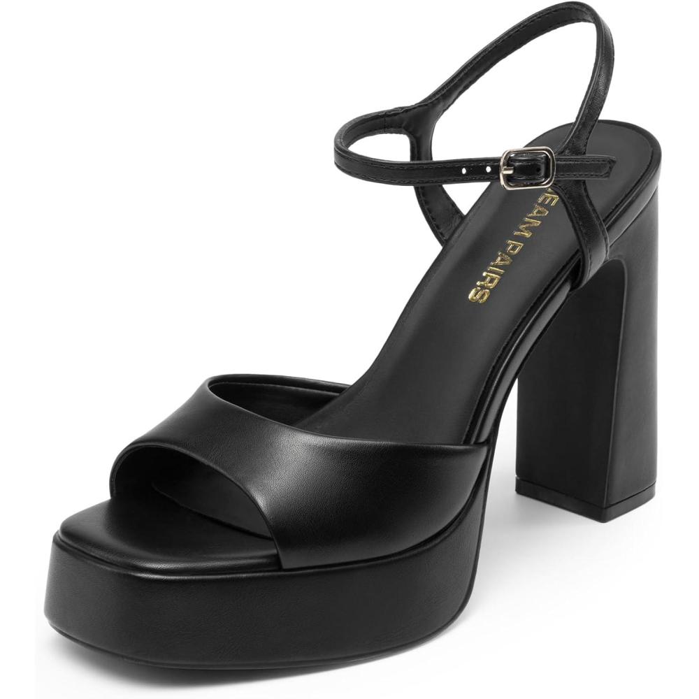 imageDREAM PAIRS Platform Heels for Women Square Toe Chunky High Heels Ankle Strap Sandals for Wedding Party Formal EventBlack