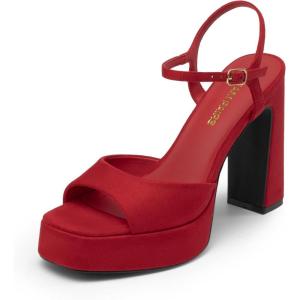 DREAM PAIRS Platform Heels for Women, Square Toe Chunky High Heels Ankle Strap Sandals for Wedding Party Formal Event(Red)