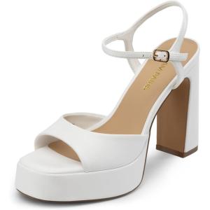 DREAM PAIRS Platform Heels for Women, Square Toe Chunky High Heels Ankle Strap Sandals for Wedding Party Formal Event(White)